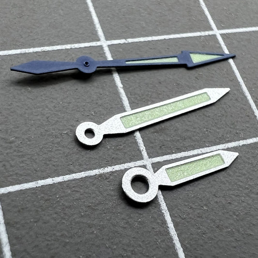 18mm silver watch hands with blue trim and green lume, compatible with Miyota 2035, 2115, 2105, 2305 movements