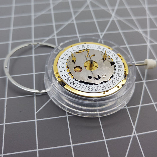 Swiss Made ISA 8171 quartz watch movement with date at 6, multifunctional for precision timekeeping.