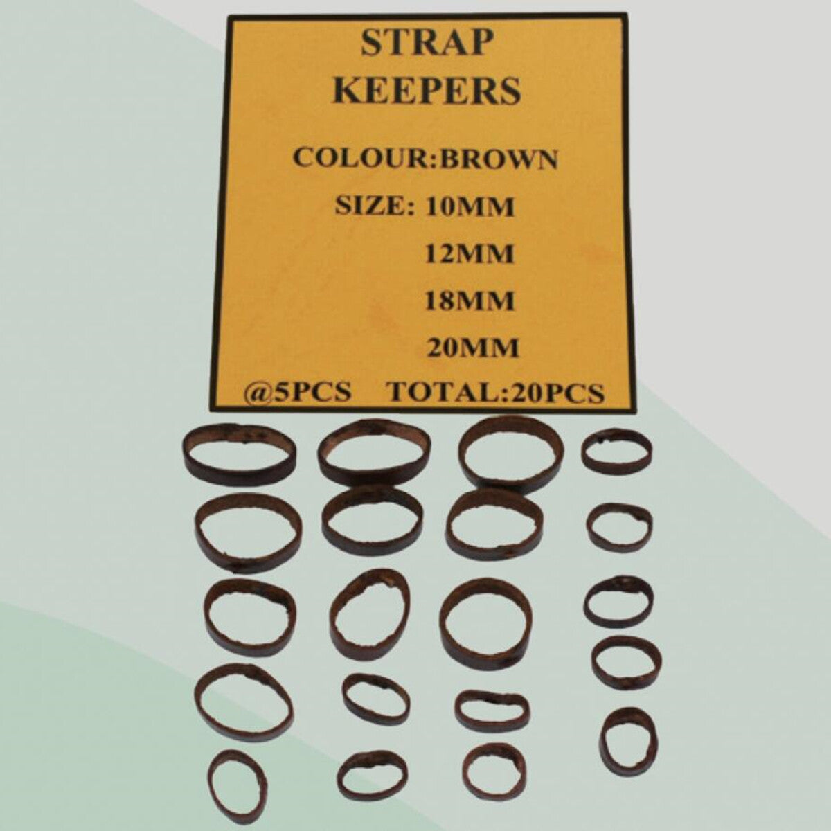 1. Set of 20 brown leather strap keepers in 4 sizes (10-20mm) for watch bands  