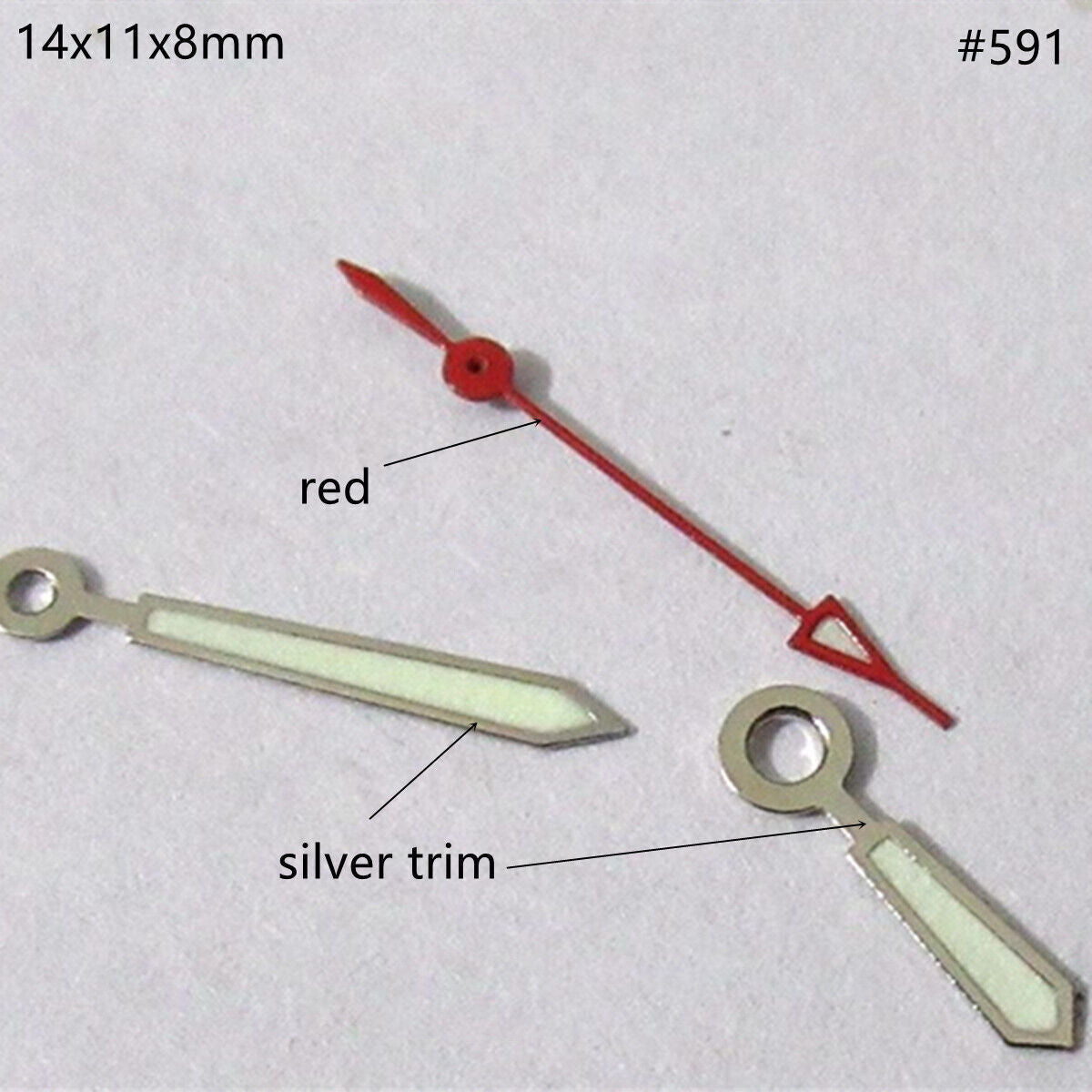 Silver-trimmed green luminous 14mm watch hands set by Miyota for 2035, 2115, 2105, 2305 movements