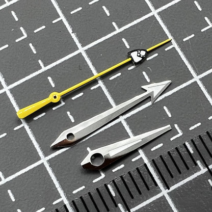 Yellow pointed second hand with green luminescence, compatible with NH35/36 watch movements, ideal for repair or customization.