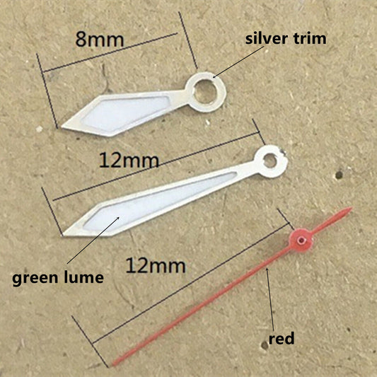 Aiguilles de montre luminescentes vertes en forme de flèche avec garniture argentée de 12 mm pour mouvement Miyota 1M12