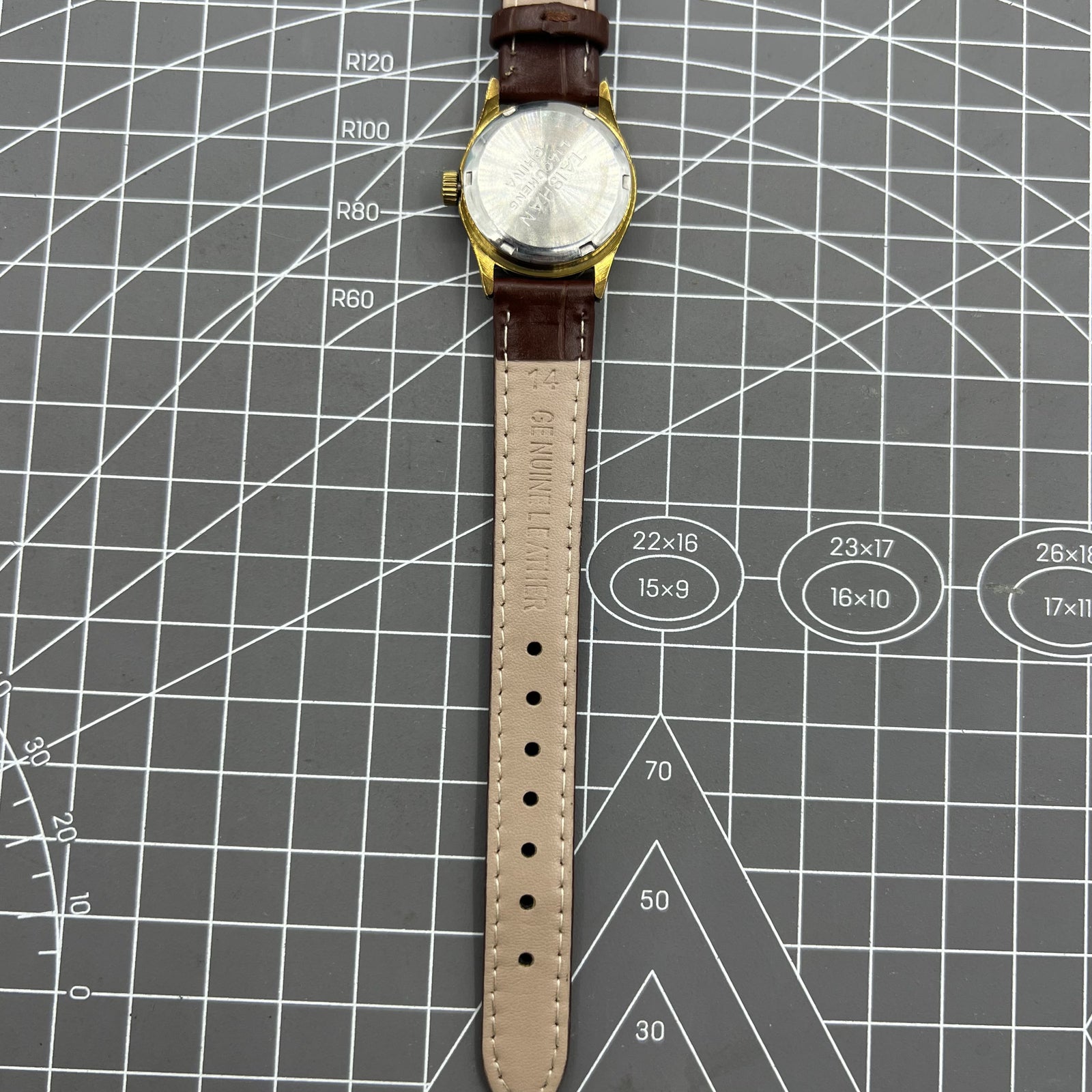 Elegant 26mm Liaocheng TAISHAN lady watch with brown leather strap, 19 jewels, and gold nail markers.