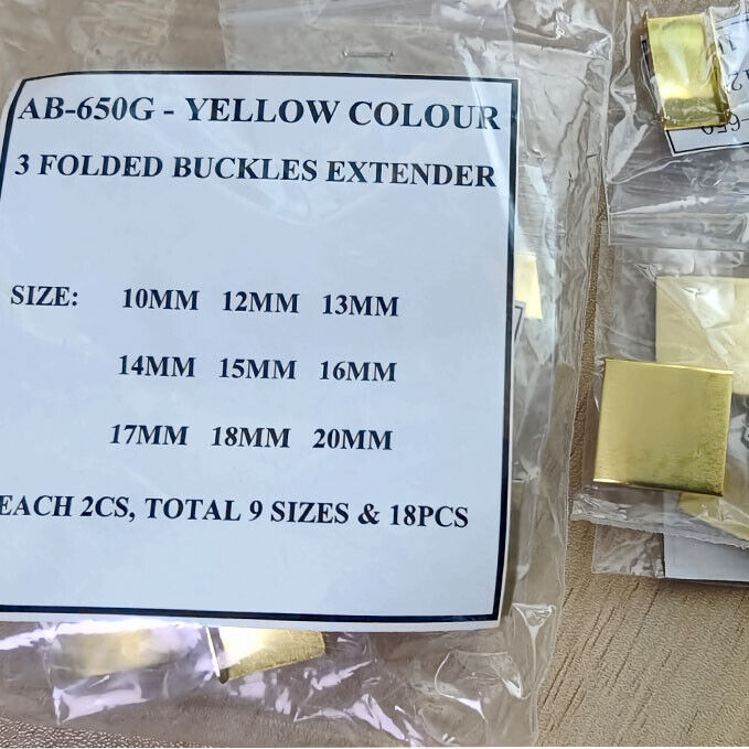 Golden watch strap extender bands set with 18 pieces in 9 sizes, compatible with various watches for adjustable fit.