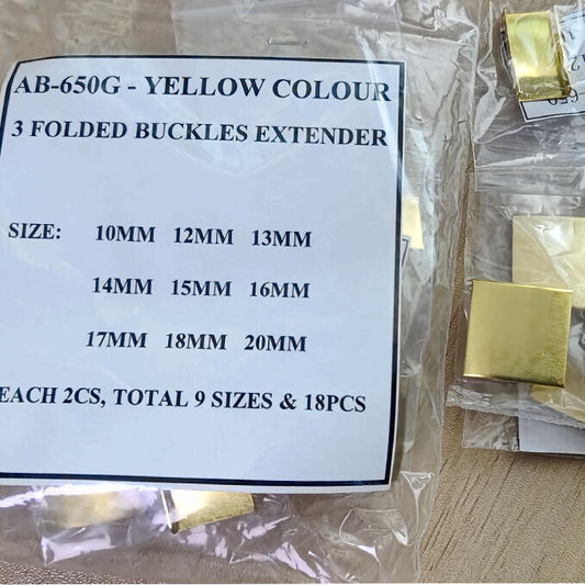 Golden watch strap extender bands set with 18 pieces in 9 sizes, compatible with various watches for adjustable fit.