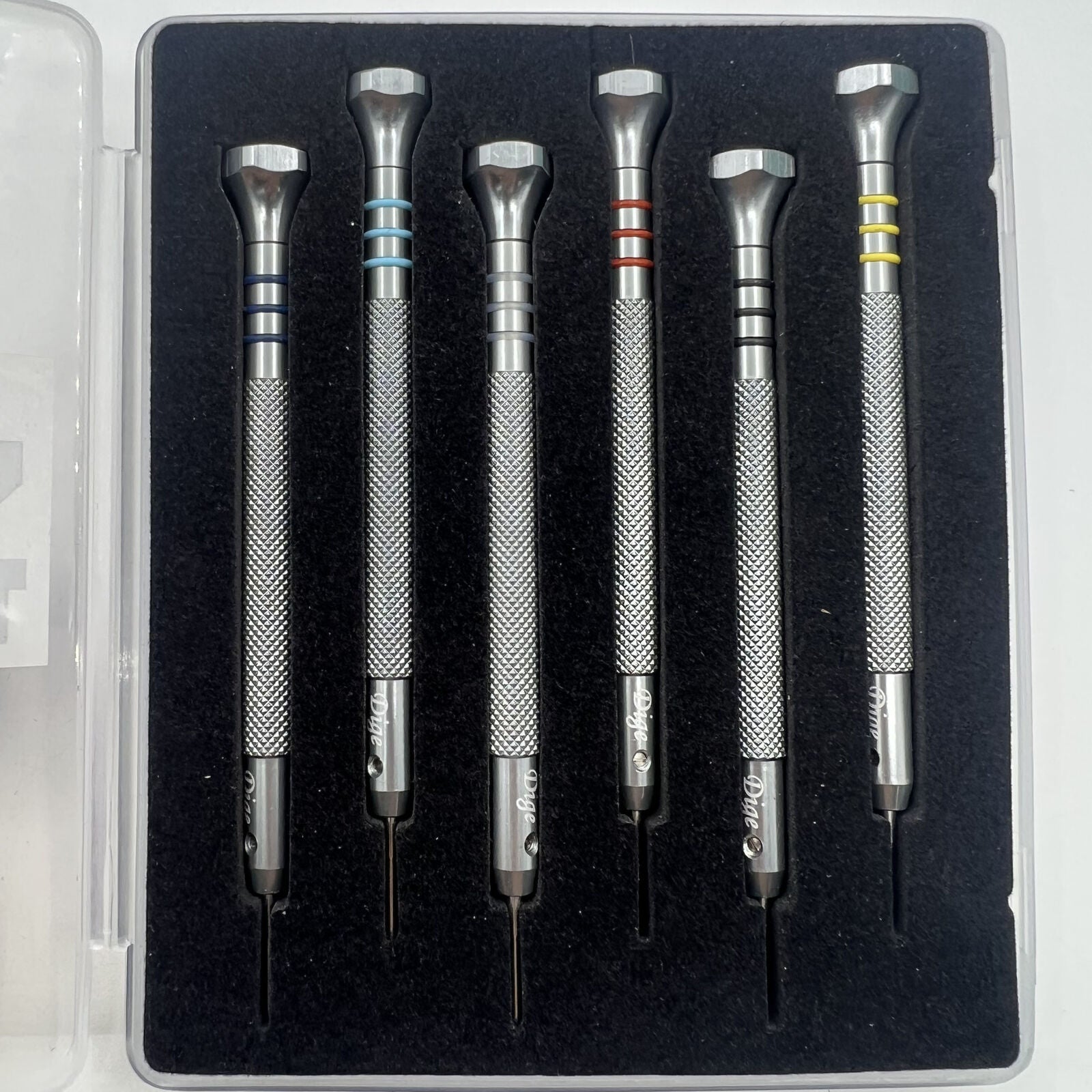 Stainless steel watch bracelet adjusting tool with 6 size options for precise strap fitting.