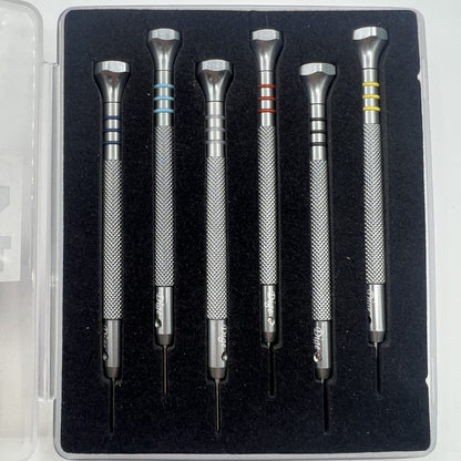 Stainless steel watch bracelet adjusting tool with 6 size options for precise strap fitting.