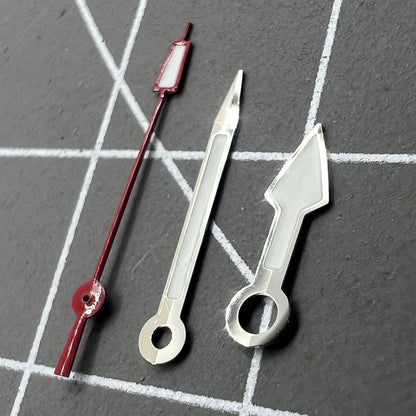Silver arrow-shaped watch hands with red second hand, green lume; fits NH35 NH36 movements.