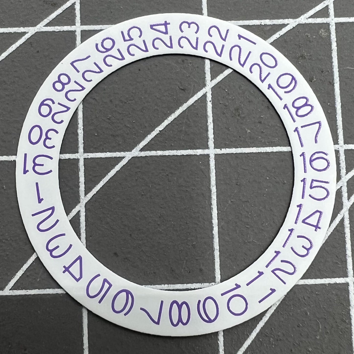 Light purple character date wheel for NH35 NH36 watch movement on white background, compatible with Seiko.