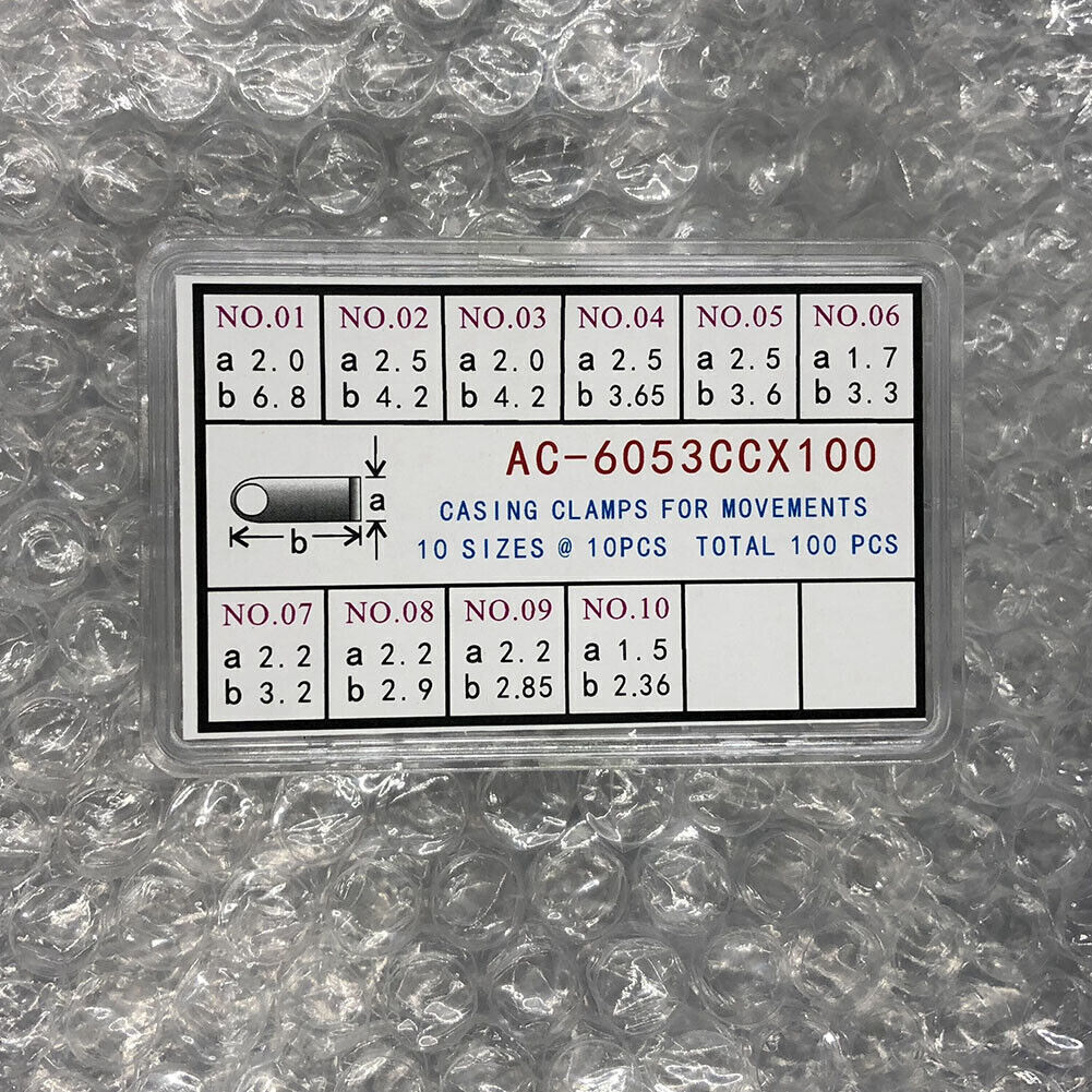 Casing clamps for watch movements, 10 sizes, 100pcs total, ideal for precise assembly.