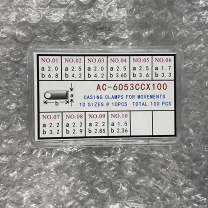 Casing clamps for watch movements, 10 sizes, 100pcs total, ideal for precise assembly.