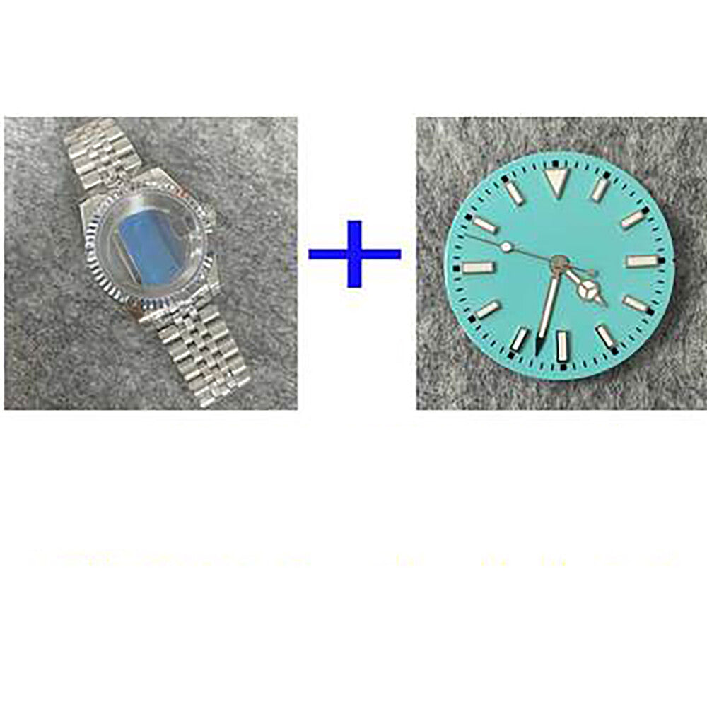 39mm transparent stainless steel watch case and band showcasing dial and hands for NH35/NH36.