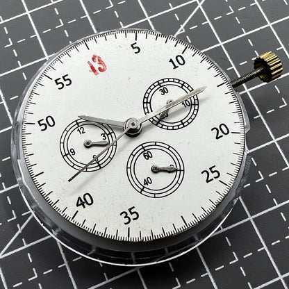 Dandong 7750 mechanical watch movement showing small seconds at 3, 6, and 9 o?clock positions without calendar.