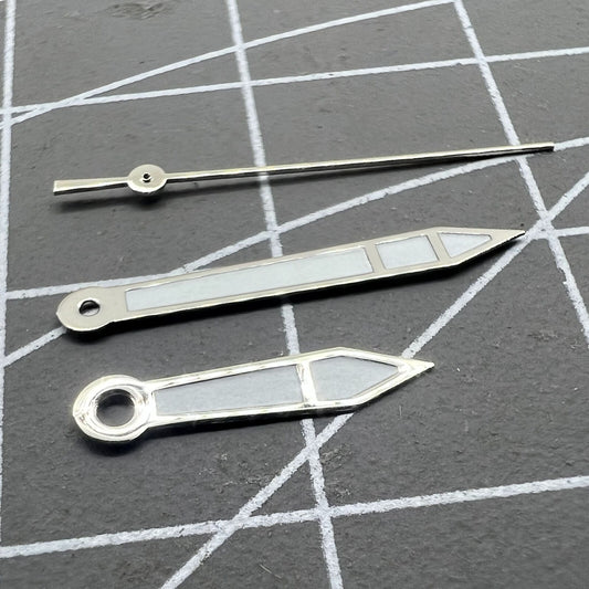Silver 15.7mm watch hands with white paint and silver trim, compatible with Miyota 2315, 2035, 2036, 2115, 2305 movements.