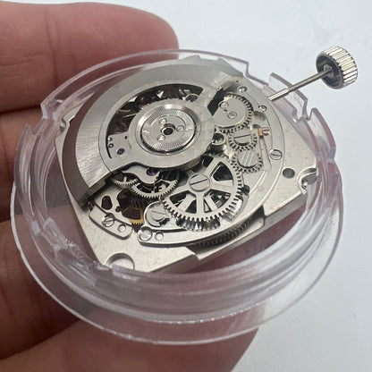 Tianjin Seagull ST25 silver square mechanical watch movement with 3 hands, skeleton design for precise watchmaking.