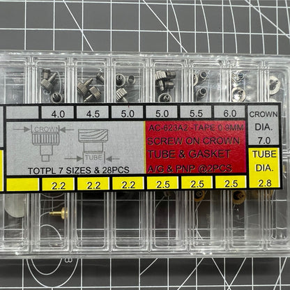 Stainless steel watch crown with silver and gold tones, screw-on tube, and gasket for a secure fit.