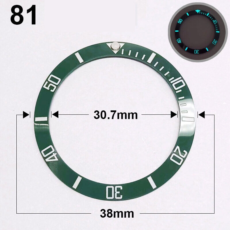 38mm green ceramic watch bezel with silver font and blue luminous details for watch repair.