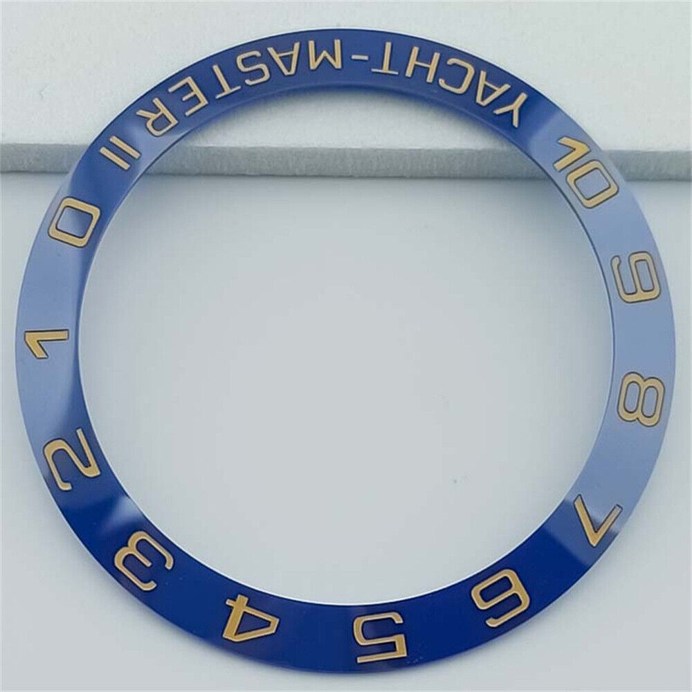 38mm ceramic blue Yacht Master bezel ring with golden font, durable watch accessory.