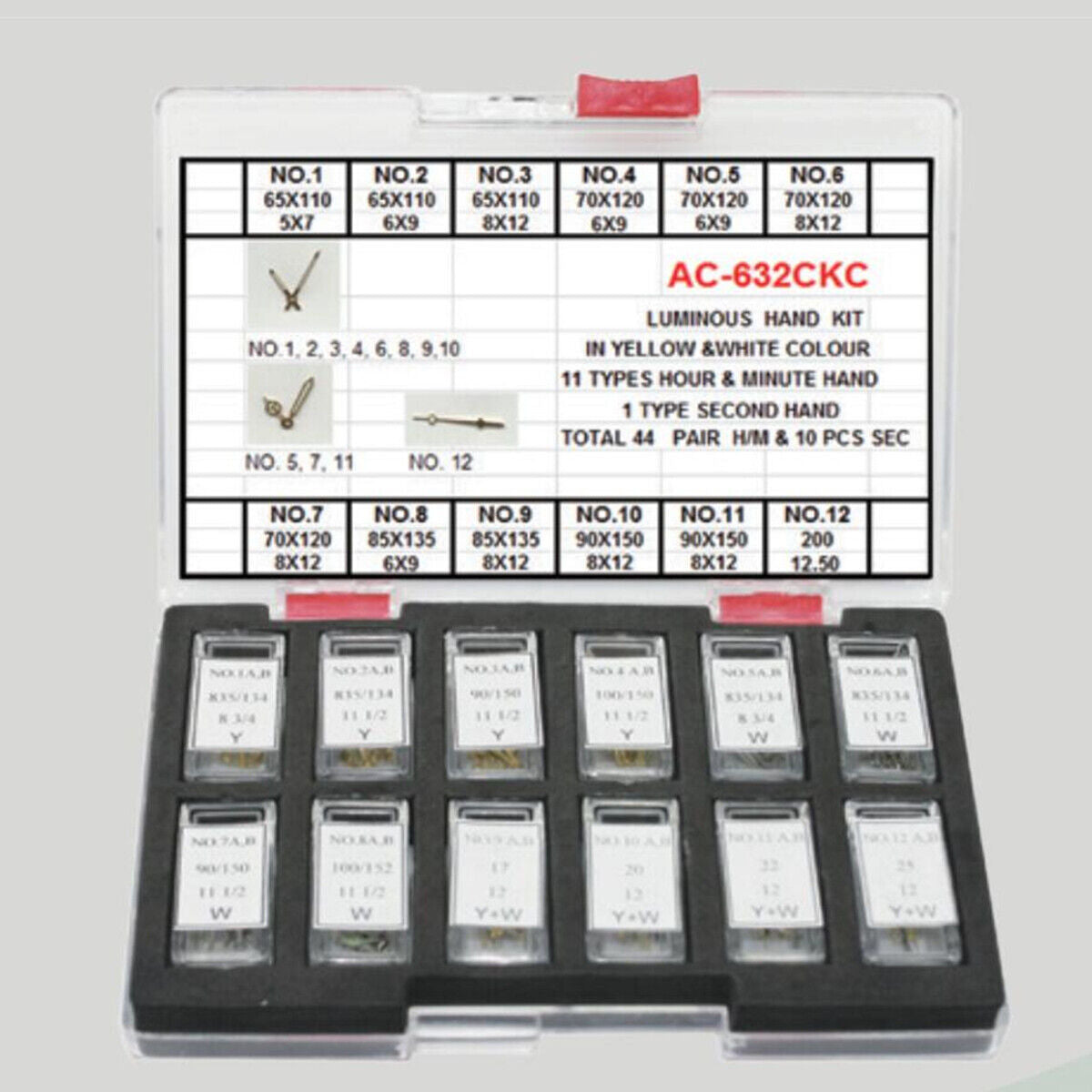 Golden and white luminous watch hands set by 44Sets for hour, minute, and second, perfect for watch repairs and customization.