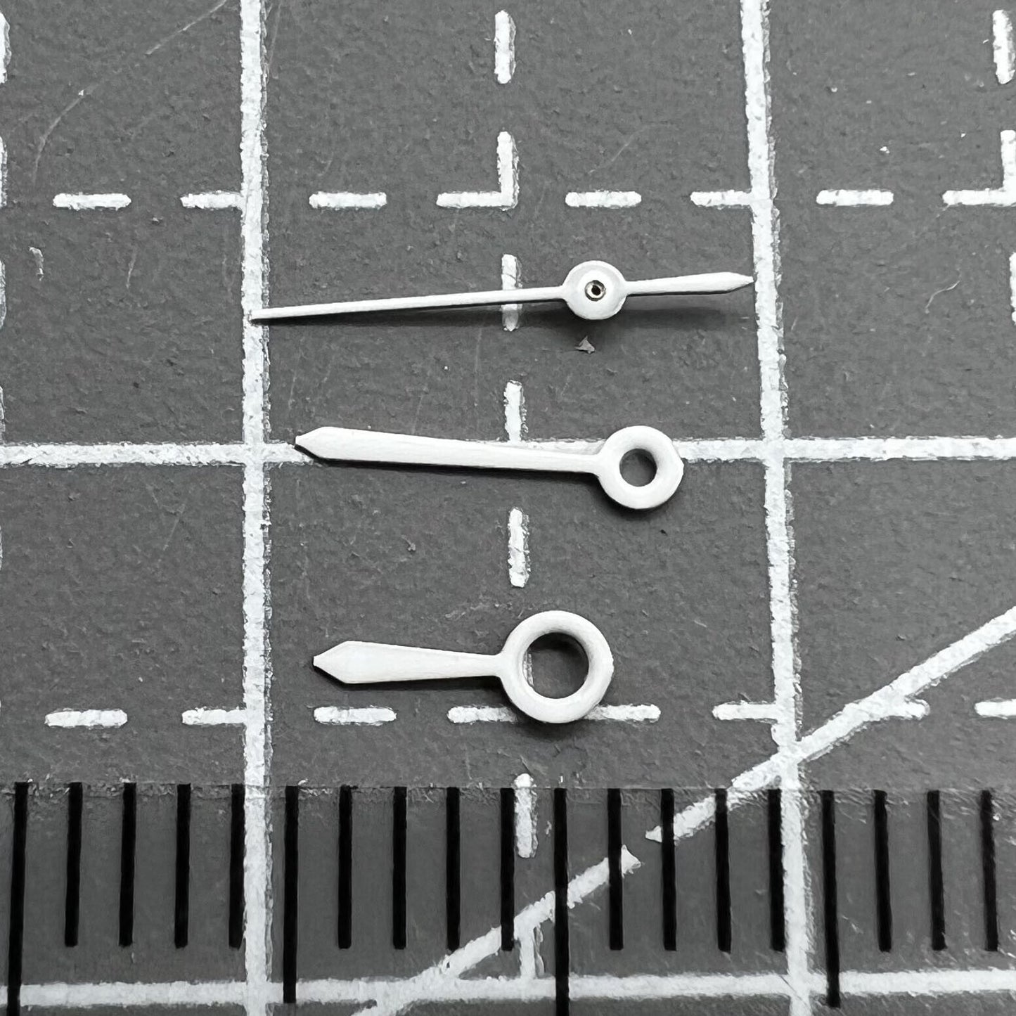 6mm No Lume white watch hands set by Epson TMI for quartz movement VJ22, precise fit.