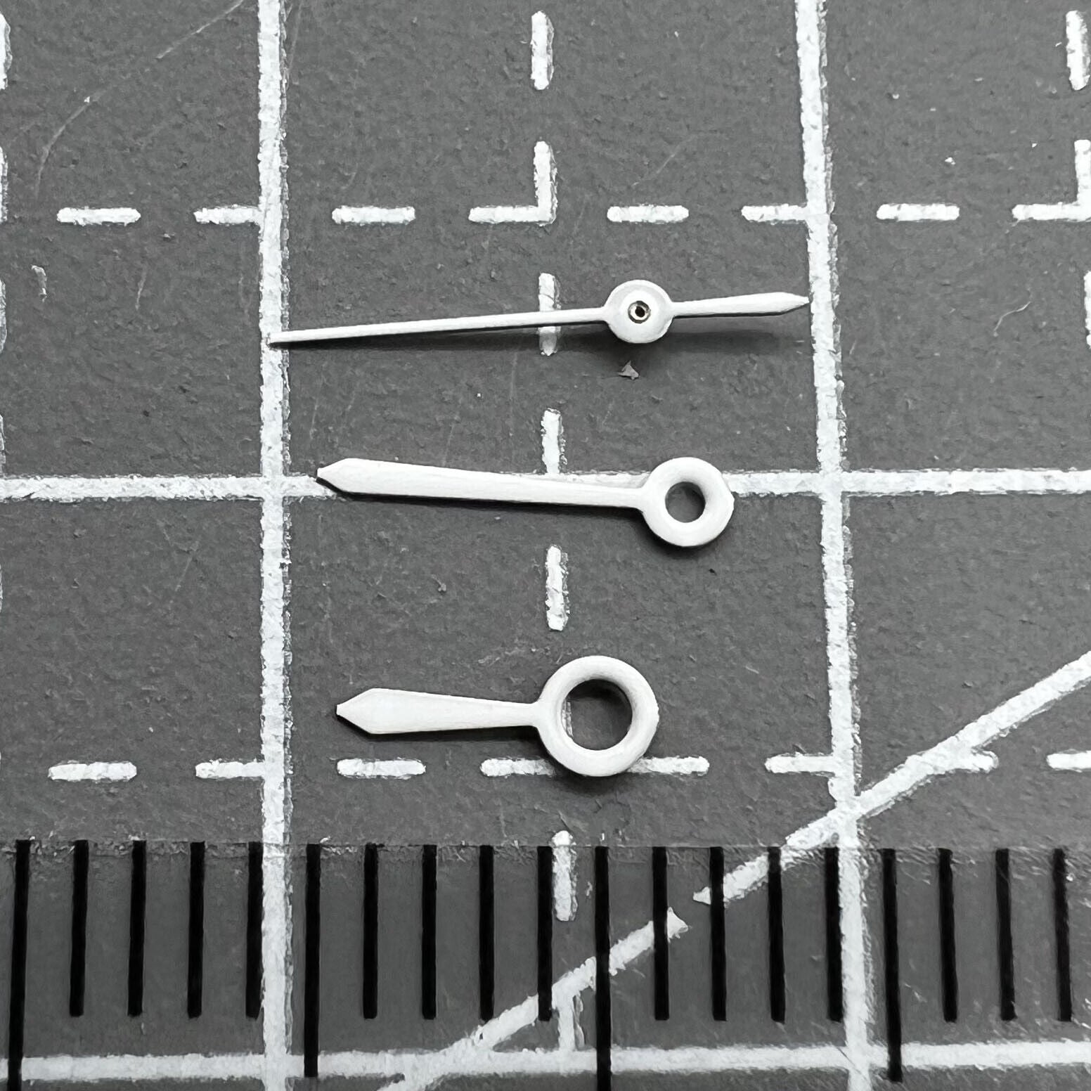 6mm No Lume white watch hands set by Epson TMI for quartz movement VJ22, precise fit.