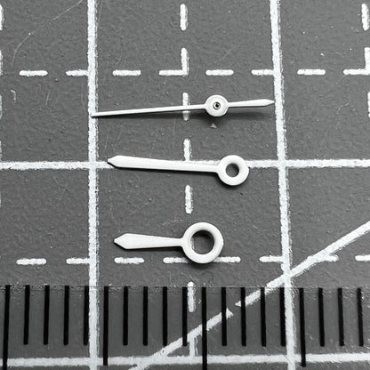 6mm No Lume white watch hands set by Epson TMI for quartz movement VJ22, precise fit.