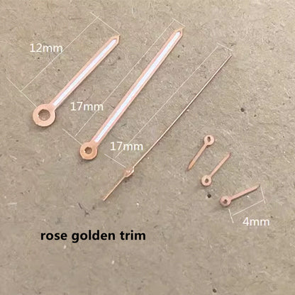 Rose Gold 17mm watch hands with green lume for PE90 movement, stylish and luminous accessory.