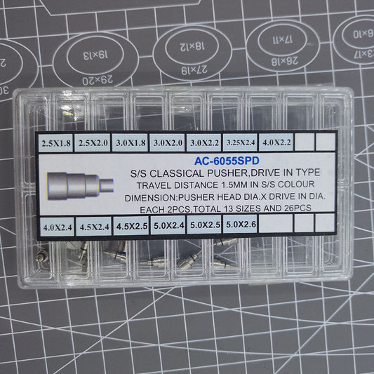 Classic stainless steel chronograph button set with 26 screw-in pushers for watch repair and customization.