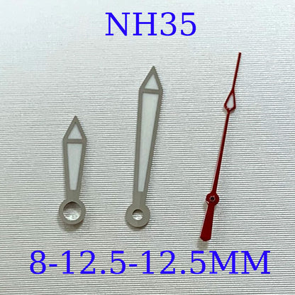 Green luminous watch hands set in sizes 8/12.5/12.5mm for NH35A/NH36A/4R36 movements by B11 brand.
