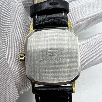 Seagull 28mm ladies watch with golden square case, manual movement, elegant gold nail markers.