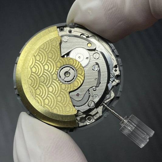 Golden Sea Wave carved rotor oscillating weight for NH35 NH36 watch movement, enhancing automatic winding efficiency.