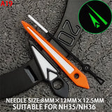 12.5mm Watch Hands Green Lume Black+Orange Trim White Painted for NH35/36