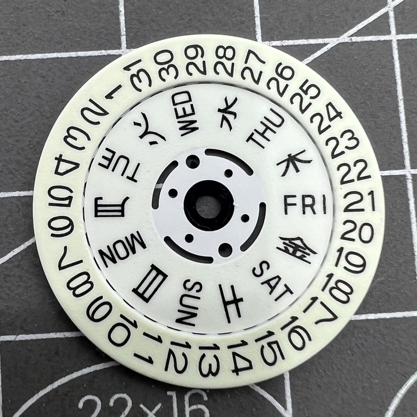 Green lume date and week wheels for Seiko NH36 movement, enhancing watch accessory visibility.