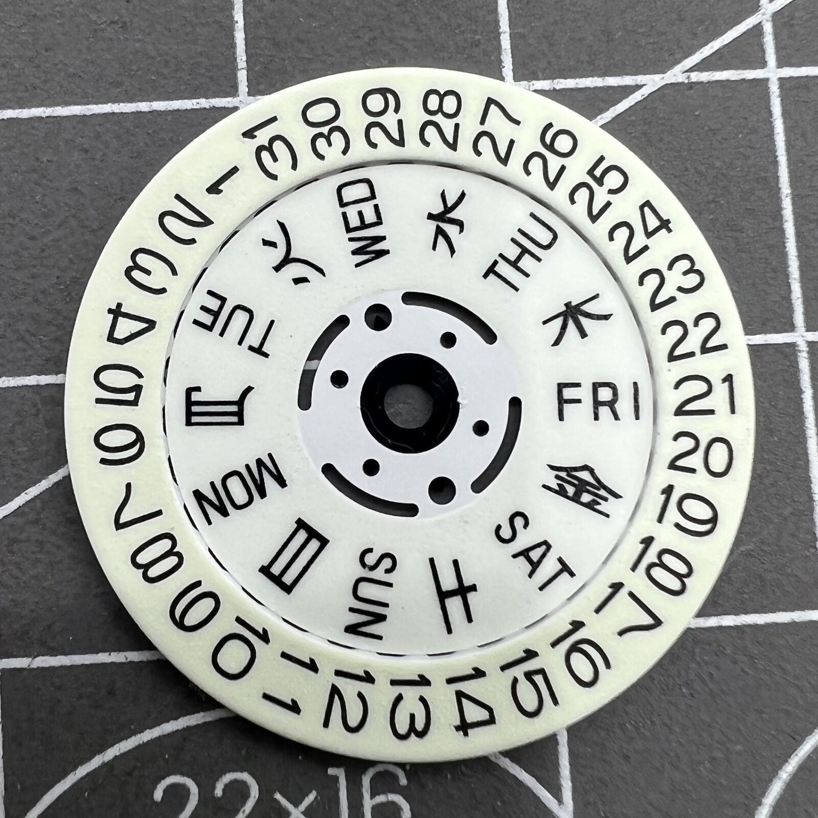 Green lume date and week wheels for Seiko NH36 movement, enhancing watch accessory visibility.