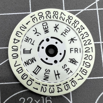 Green lume date and week wheels for Seiko NH36 movement, enhancing watch accessory visibility.