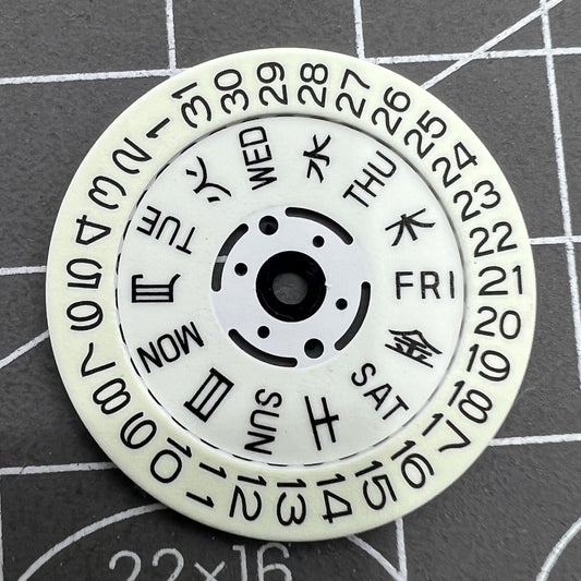 Green lume date and week wheels for Seiko NH36 movement, enhancing watch accessory visibility.