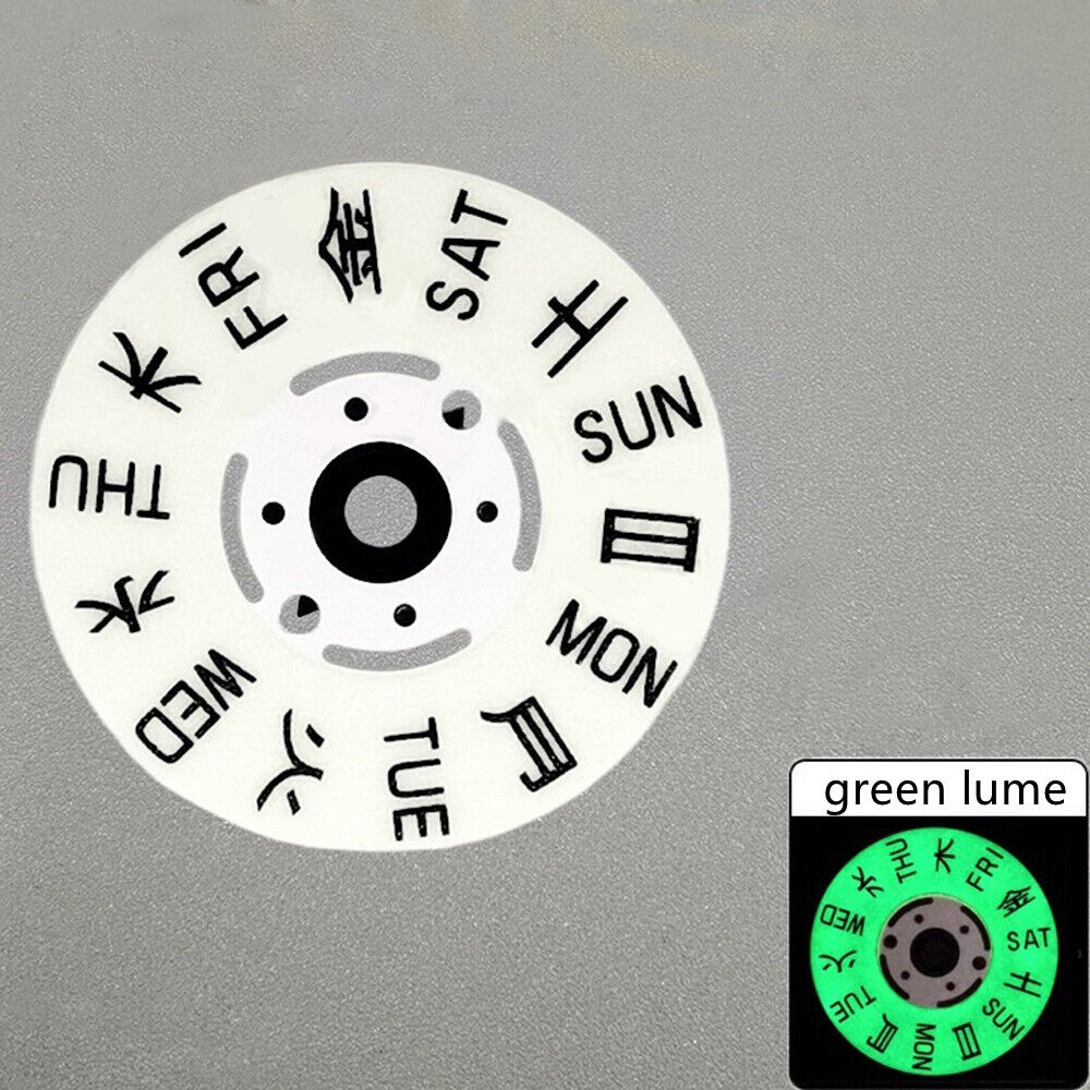 Green lume week wheel disk for NH36 watch movement, Japanese-English days, white background, Seiko-compatible.