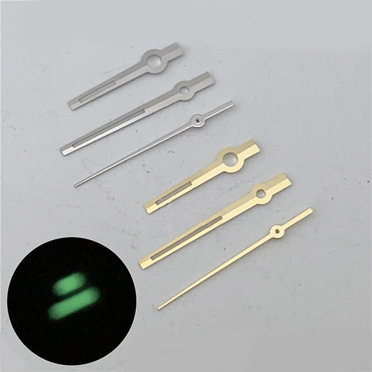 Silver and gold trim green luminous watch hands for ETA2836 movement, ideal for luminous readability.