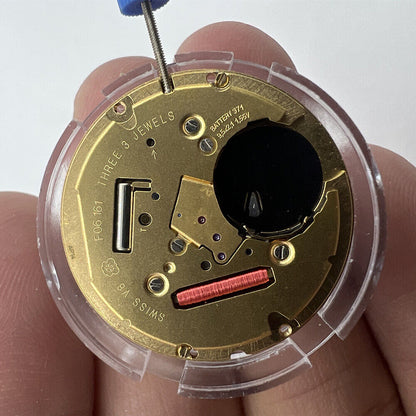 ETA F06.161 quartz watch movement with 3 hands, white dial, date windows at 3 and 6 by ETA.