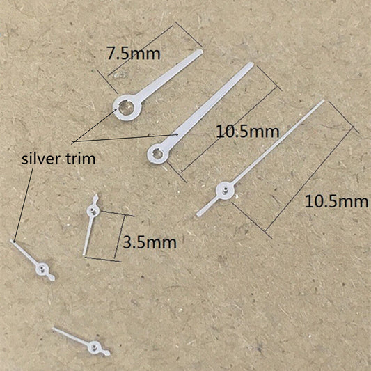Silver 10.5mm watch hand with no lume for Epson VX series models, precision trim.
