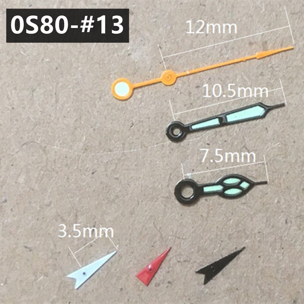 Black trim luminous orange second hand for Miyota 0S80 watch movement with green glow accents.