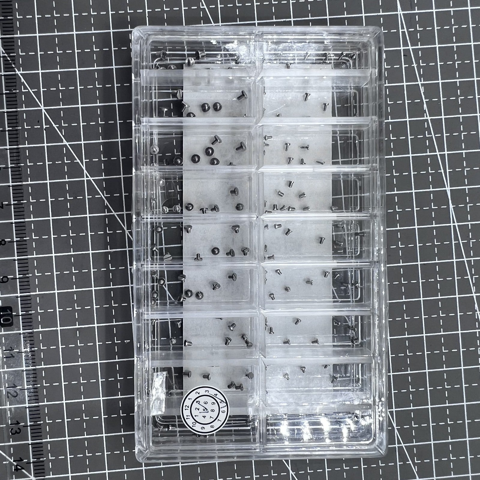 Set of 180 high-end stainless steel mini screws for watch case backs, straight line head.
