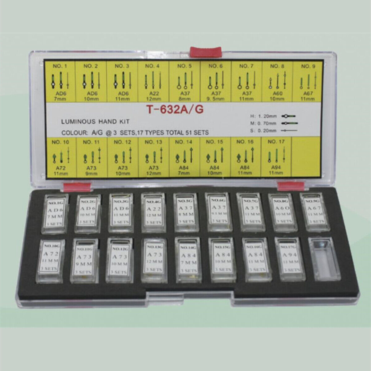 Golden luminous hour and minute watch hands set with 51 pieces, perfect for precise timepiece repairs and customization.
