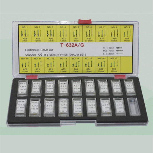 Golden luminous hour and minute watch hands set with 51 pieces, perfect for precise timepiece repairs and customization.