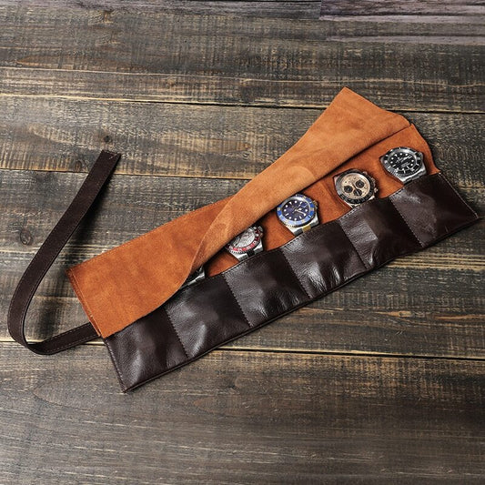 Handmade leather watch box with 6 slots, portable roll pouch for men