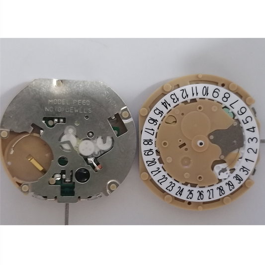 Sunon PE60 quartz watch movement with 3 hands and date display at 6 o'clock, precise timekeeping.