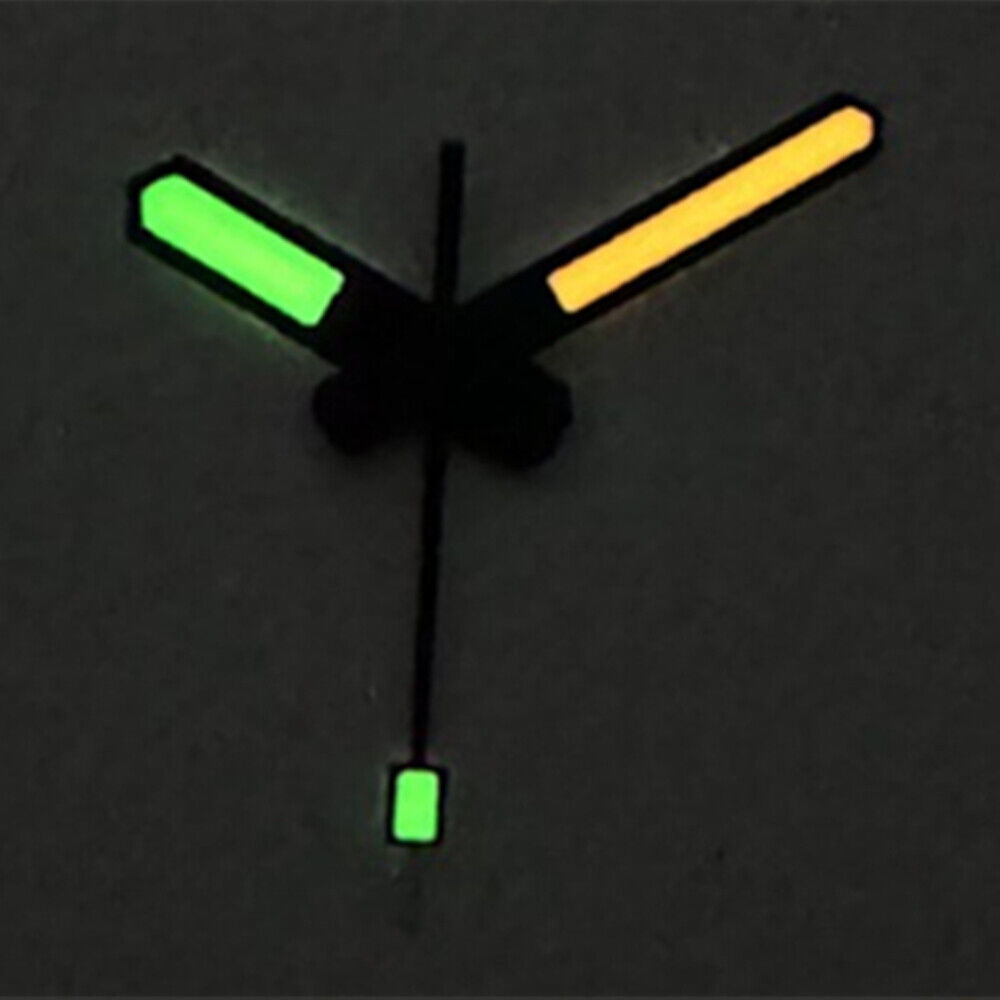 Black matted trim watch hands with green and orange lume for SKX007/SPR777 NH35A/NH36 models.