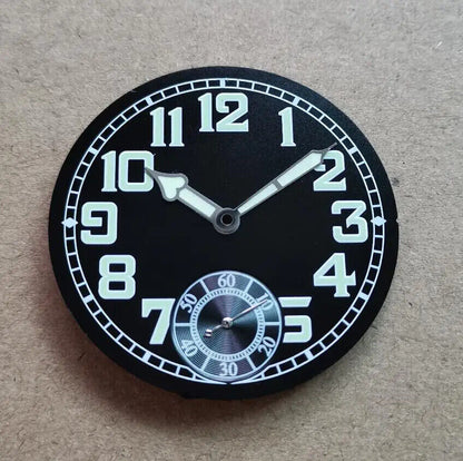 35mm black pilot watch dial with green luminous hands for ETA6498 men's watch, perfect for aviation enthusiasts.