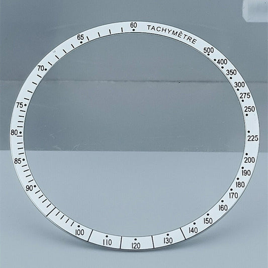 38.5mm white aluminum alloy watch bezel with black font, compatible with Omega Speedmaster models.