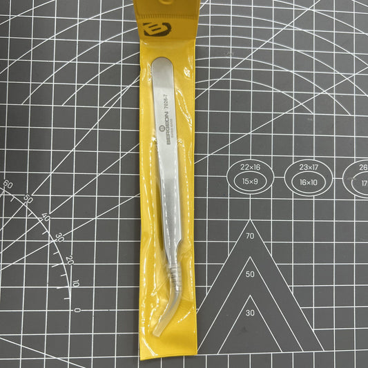 Swiss Bergeon 7026-7 antimagnetic tweezer with fine curved points for precise watch accessory handling.